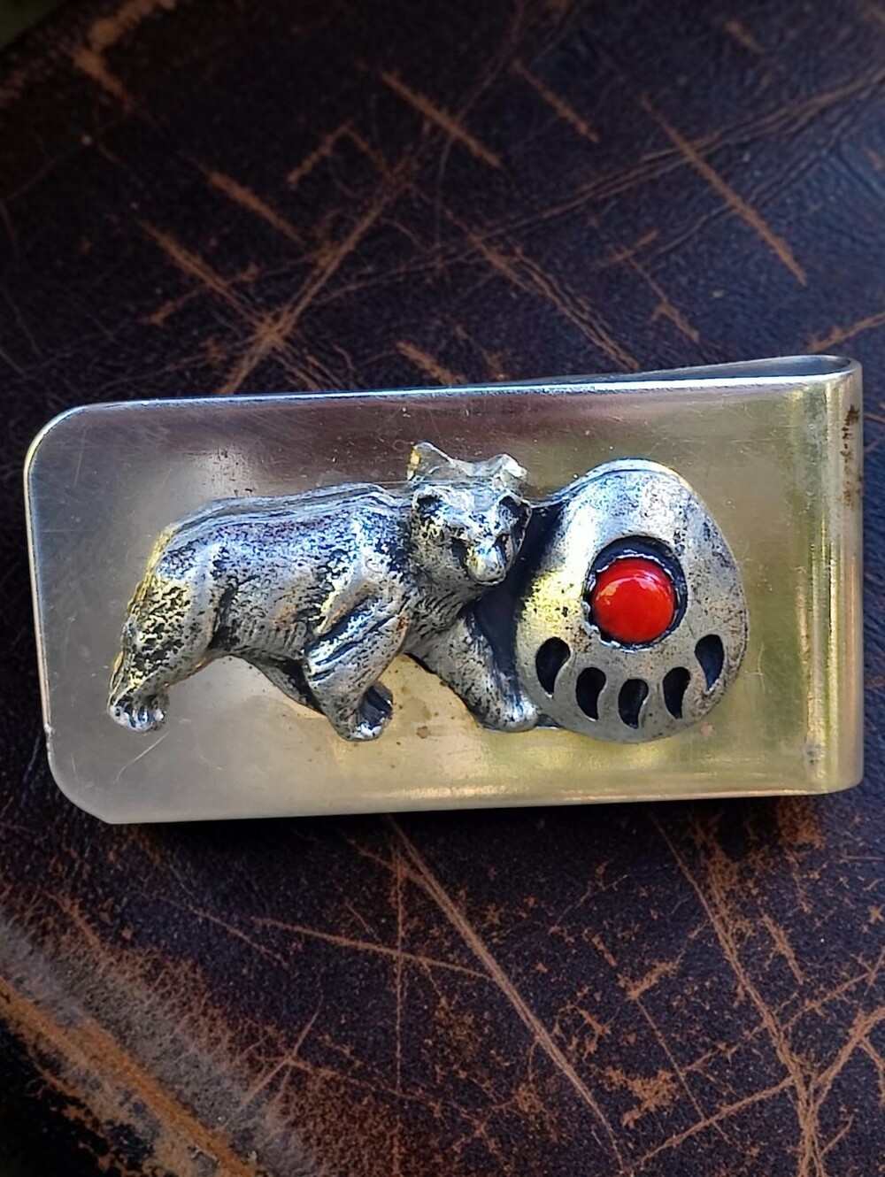 🐻 Vintage Sterling Silver Navajo Spirit Bear Bear Claw Coral Money Clip